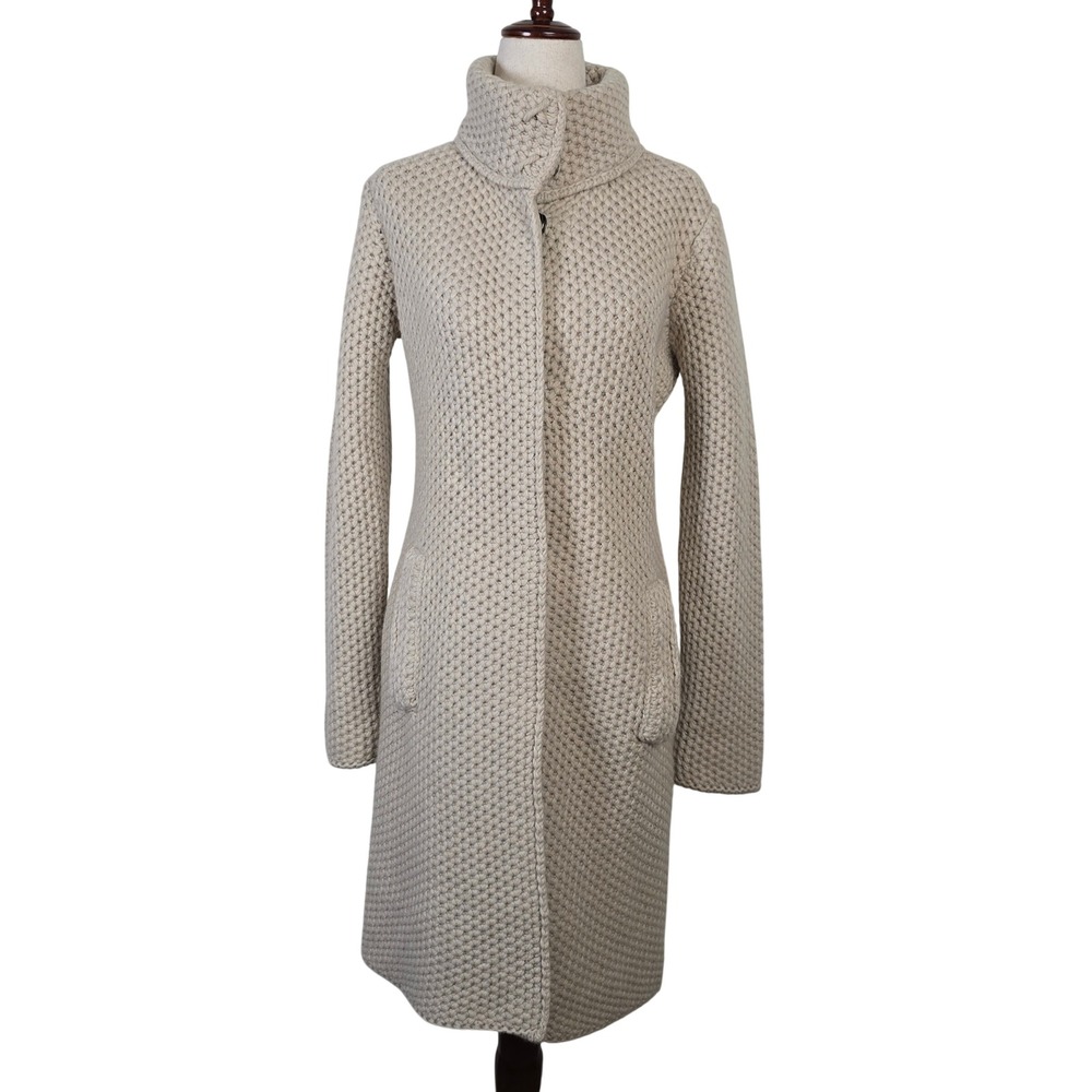 Mantovani Studio Wool Cashmere Chunky Knit Long Cardigan Coat Beige Small